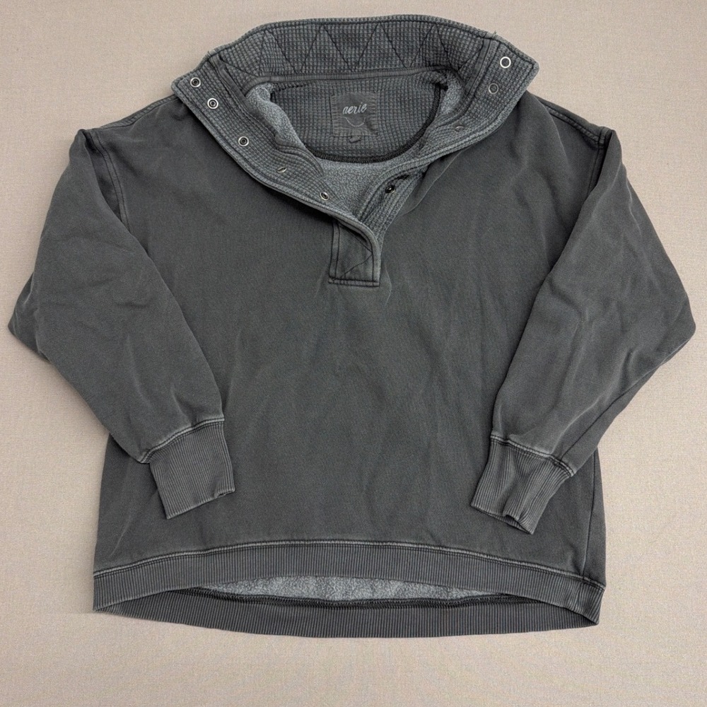 Aerie Women Charcoal Gray Waffle Lined Snap Neck Pullover Sweatshirt XS